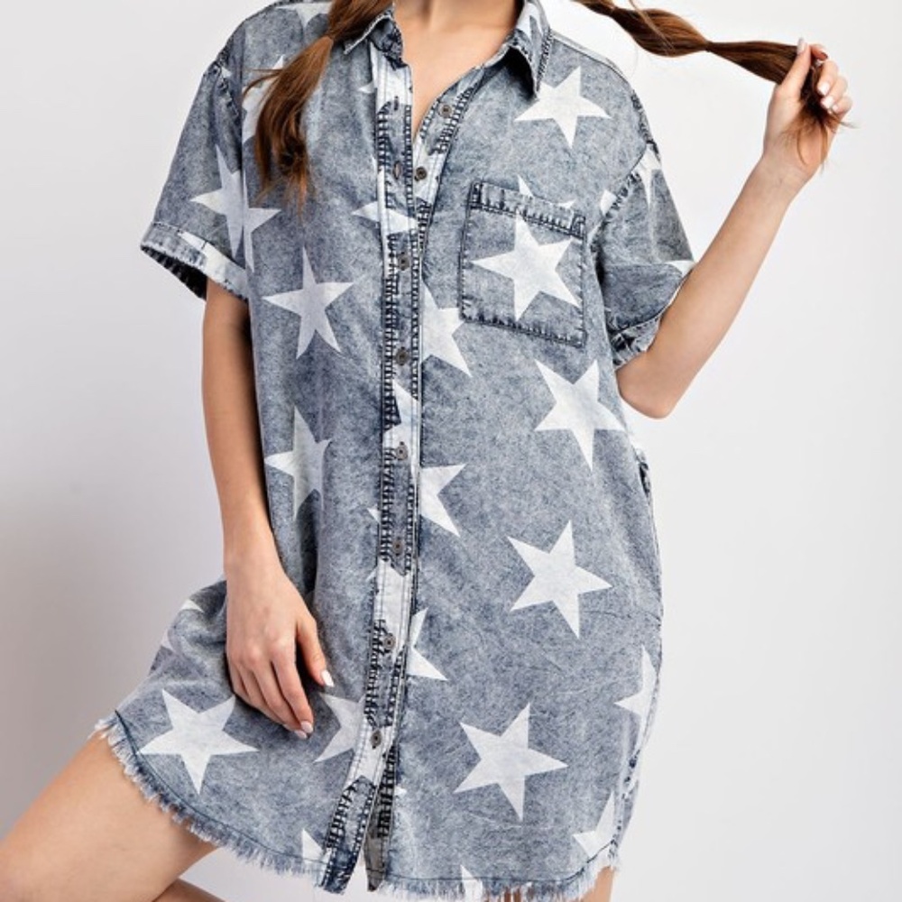 Star Print Denim Shirt Dress - Blue - Picture 10 of 12